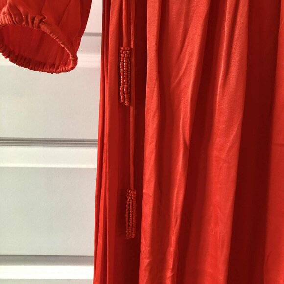 New FARM RIO Red Satin Boho Maxi Dress Beaded Tassels Cutout Waist S MSRP $265 - Picture 8 of 14